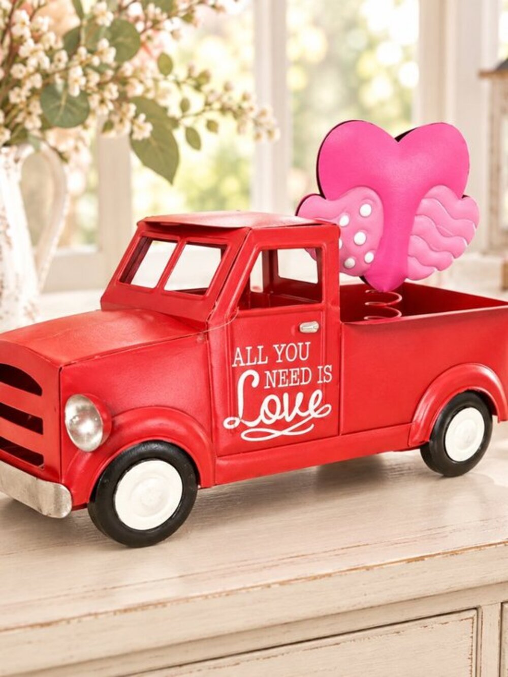 Red Metal Valentine Truck Winged Heart All You Need Is Love Decor NWT